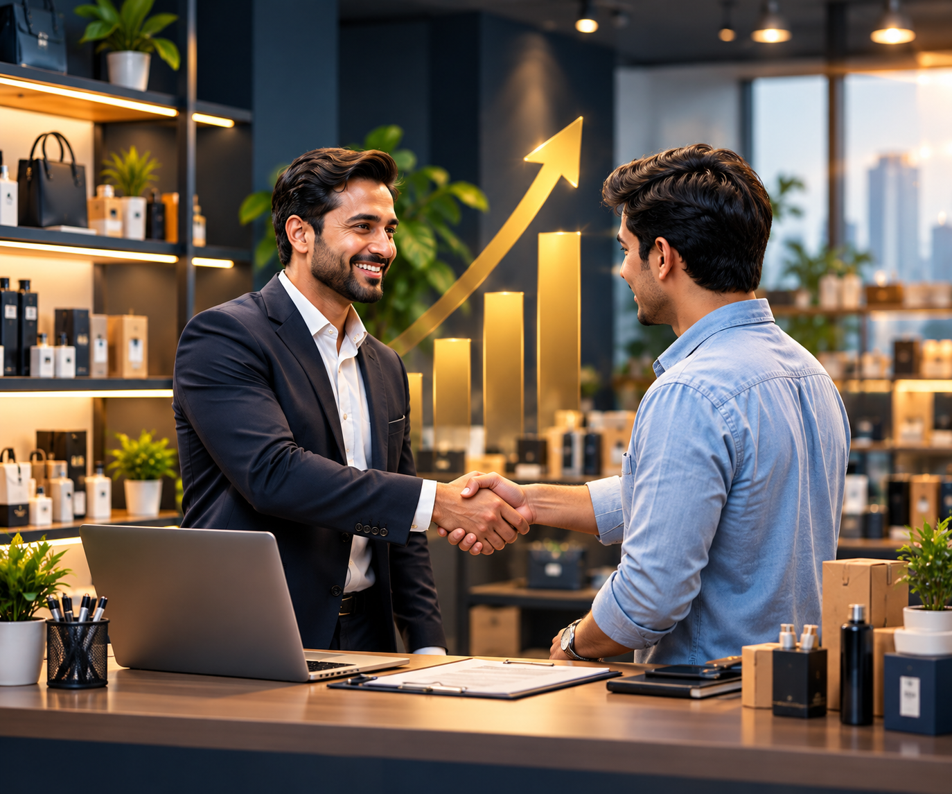 Business owner and customer shaking hands